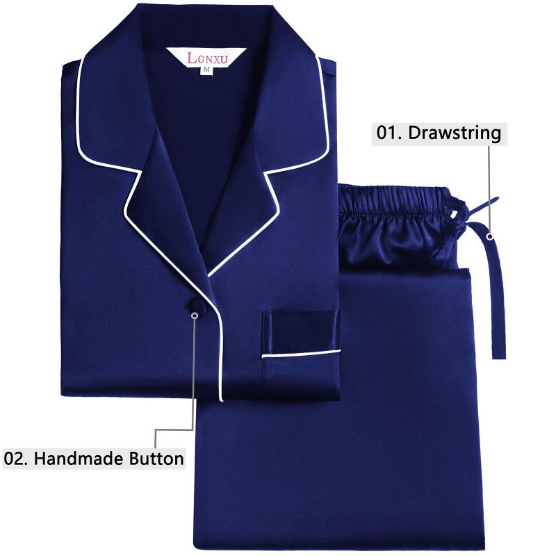 Lonxu Womens Silk Satin Pajamas Set Sleepwear Loungewear Navyblue M - Image 4